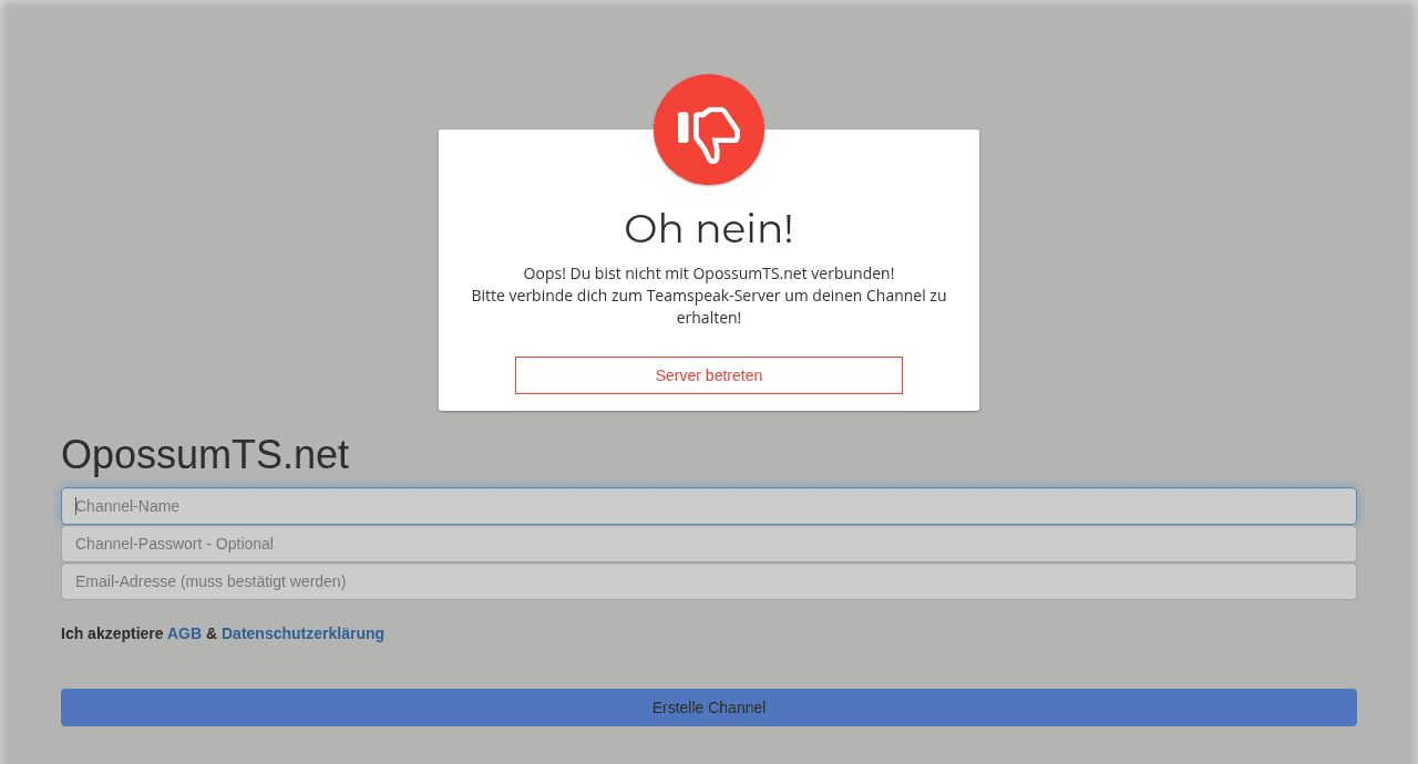 The channel creation form, refusing to serve me because the voice server cannot see me